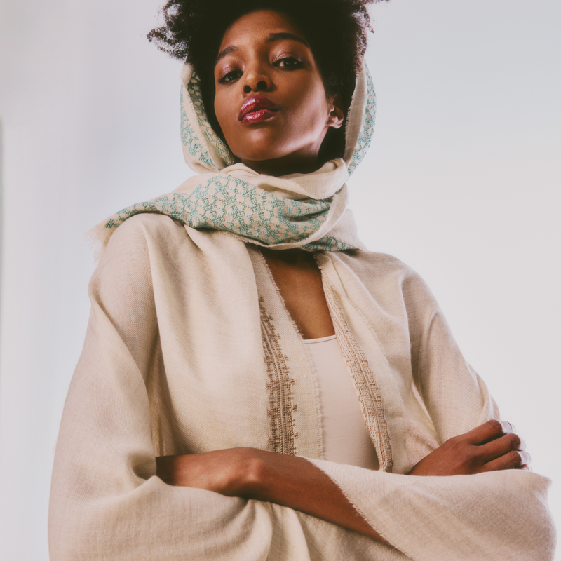 BEIGE CASHMERE & SILK SHAWL AQUA GREEN BEEHIVE