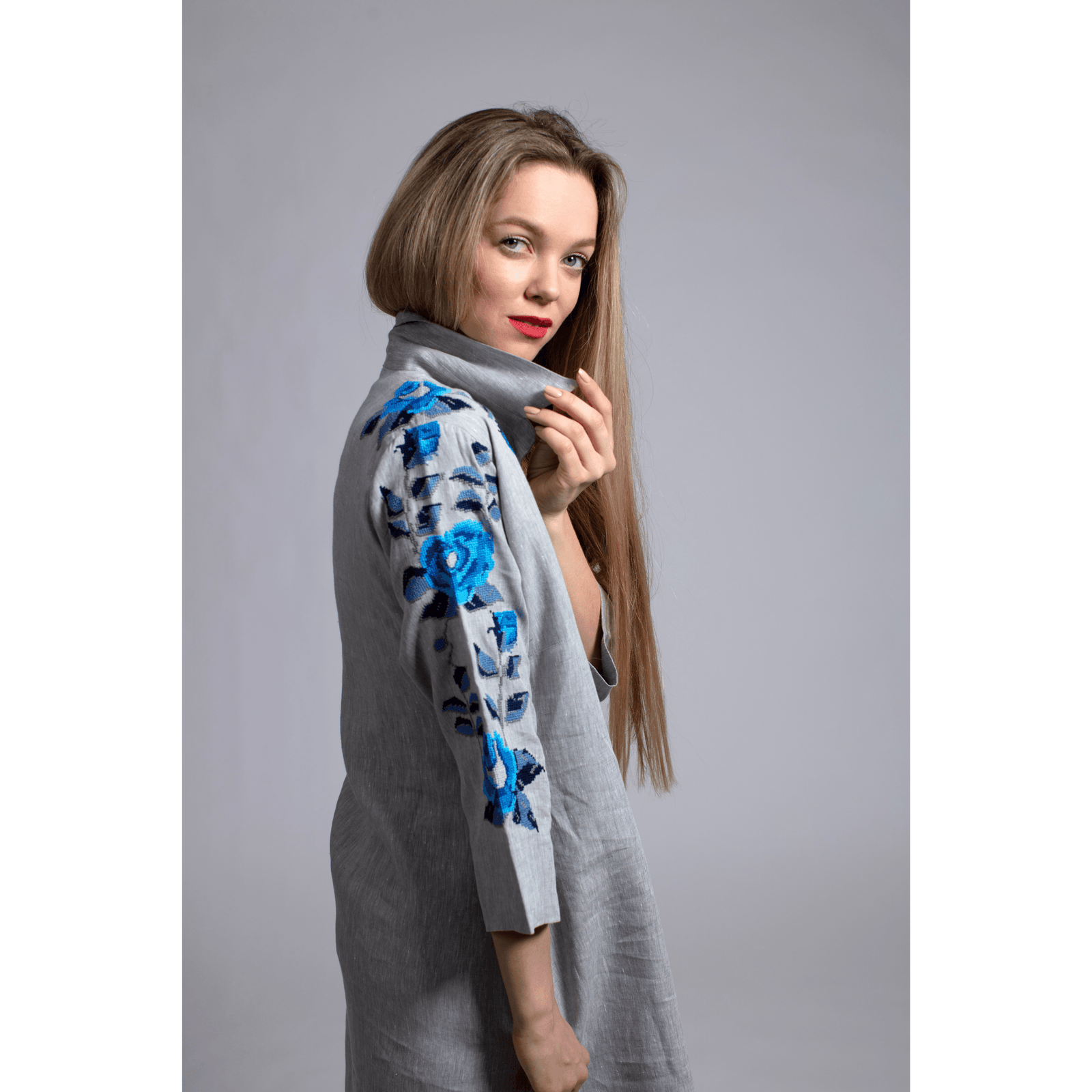 GRAY LINEN SHIRT DRESS SEA BLUE HANA ROSE