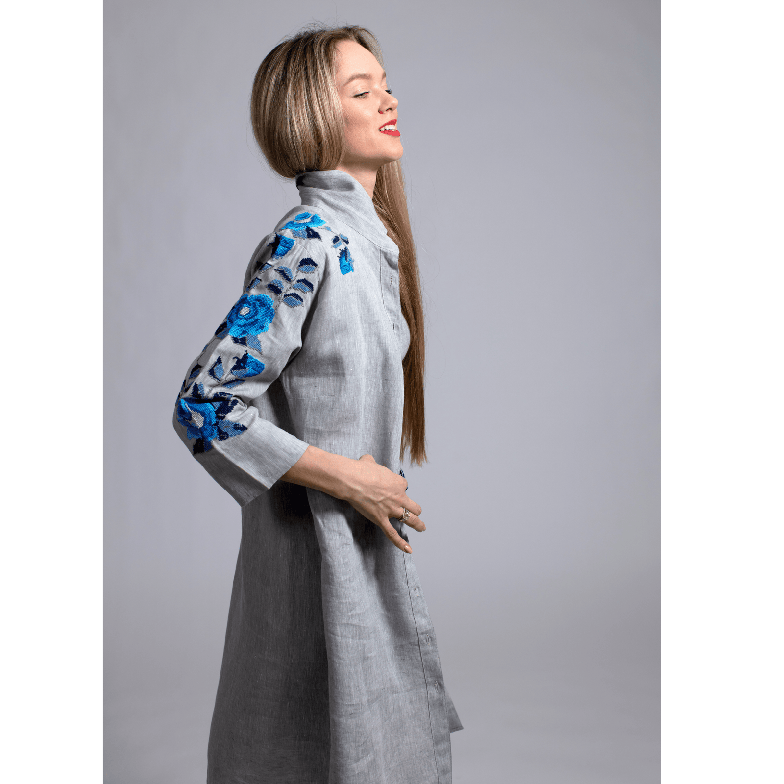 GRAY LINEN SHIRT DRESS SEA BLUE HANA ROSE