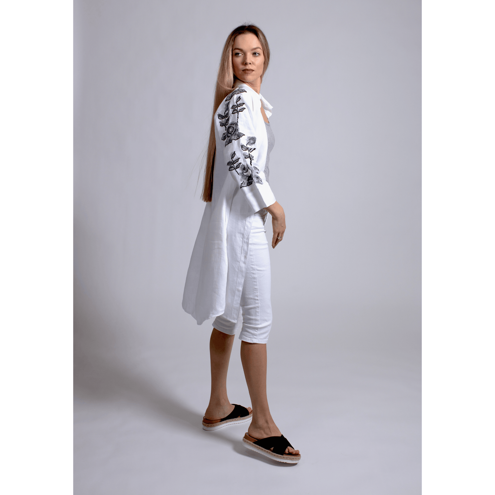 WHITE LINEN SHIRT DRESS STORM GRAY HANA ROSE