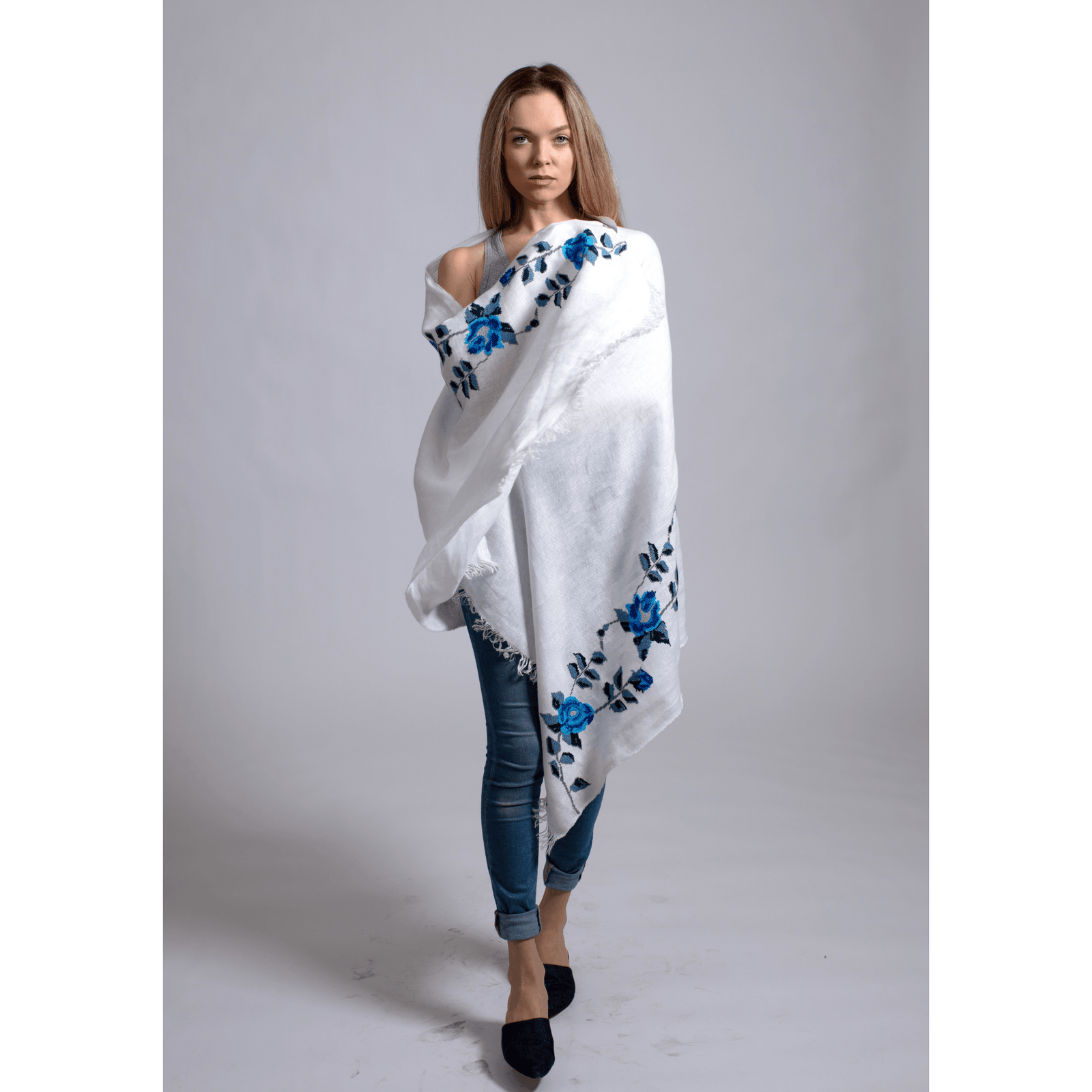 WHITE LINEN SHAWL SEA BLUE HANA ROSE