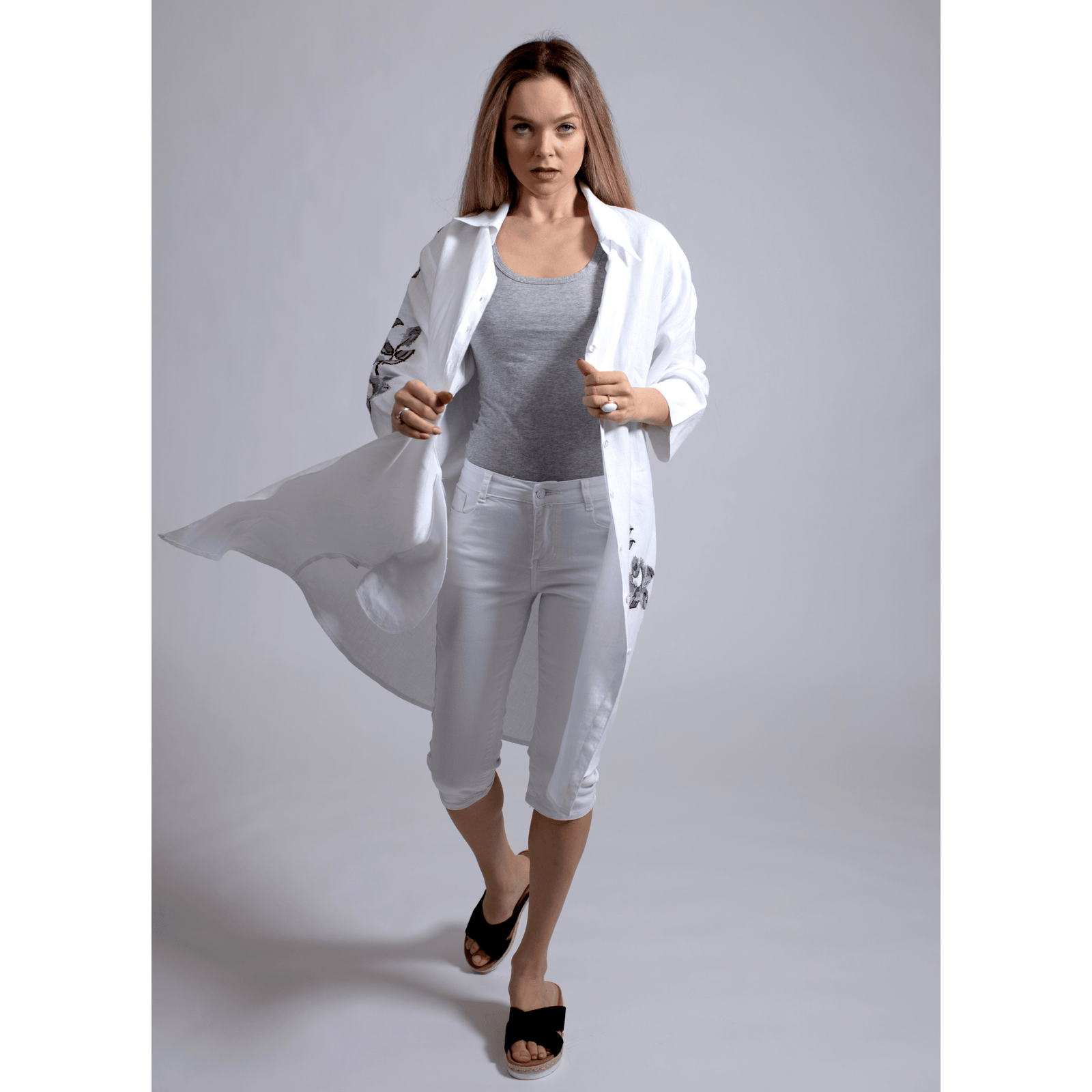 WHITE LINEN SHIRT DRESS STORM GRAY HANA ROSE