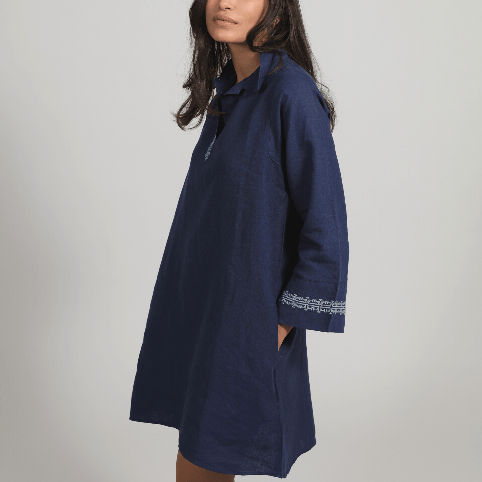 POLO COLLAR | INDIGO BLUE SHORT LINEN DRESS | IBRAHIM