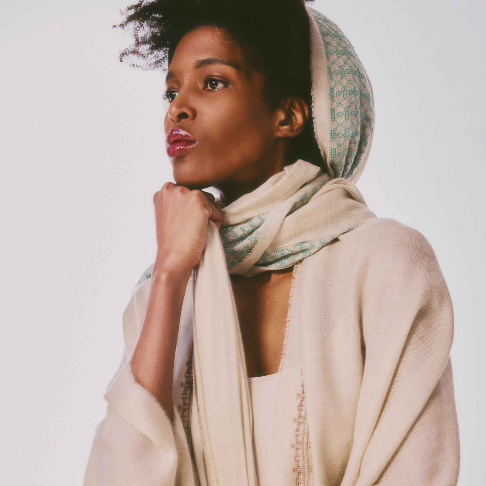BEIGE CASHMERE & SILK SHAWL AQUA GREEN BEEHIVE