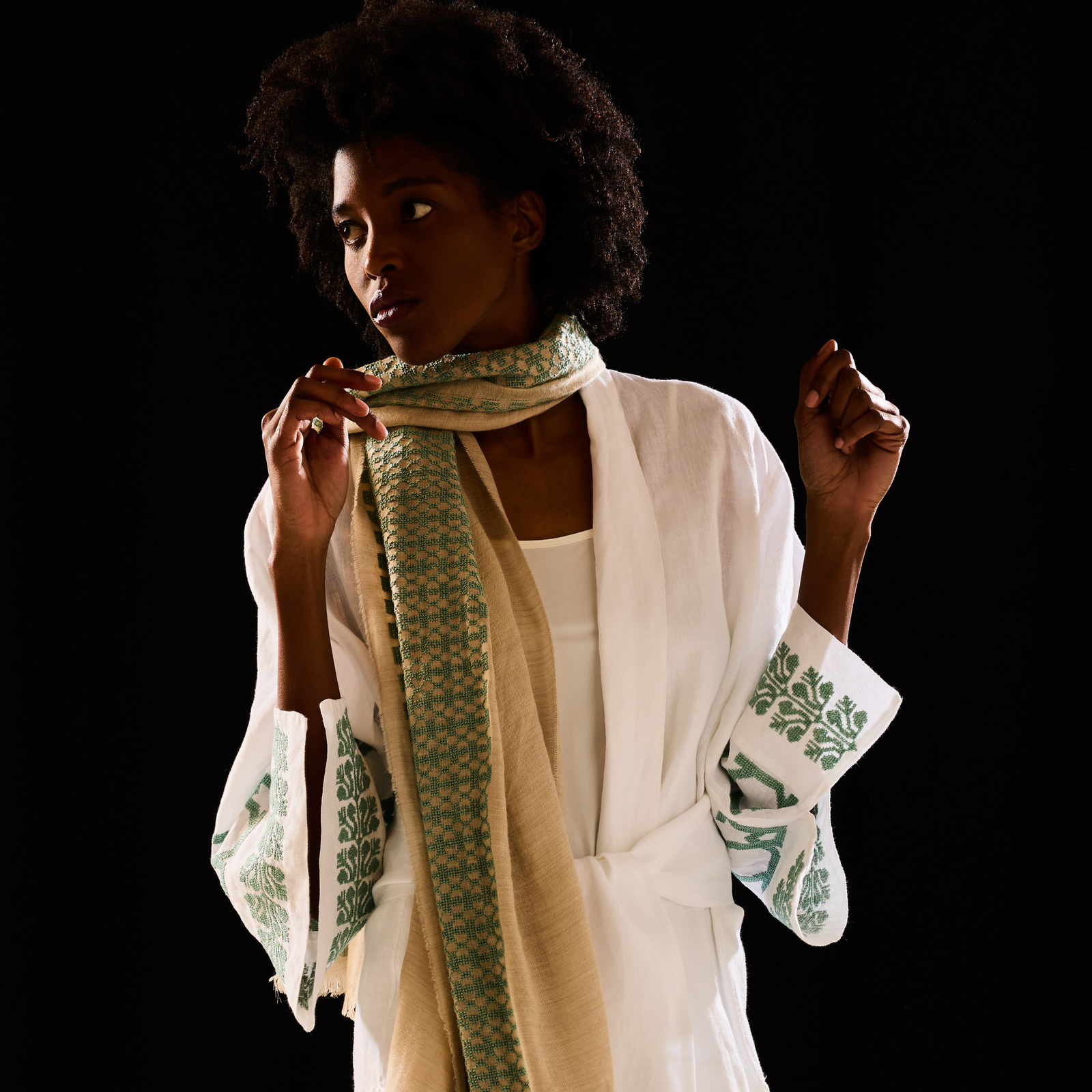 BEIGE CASHMERE & SILK SHAWL AQUA GREEN BEEHIVE