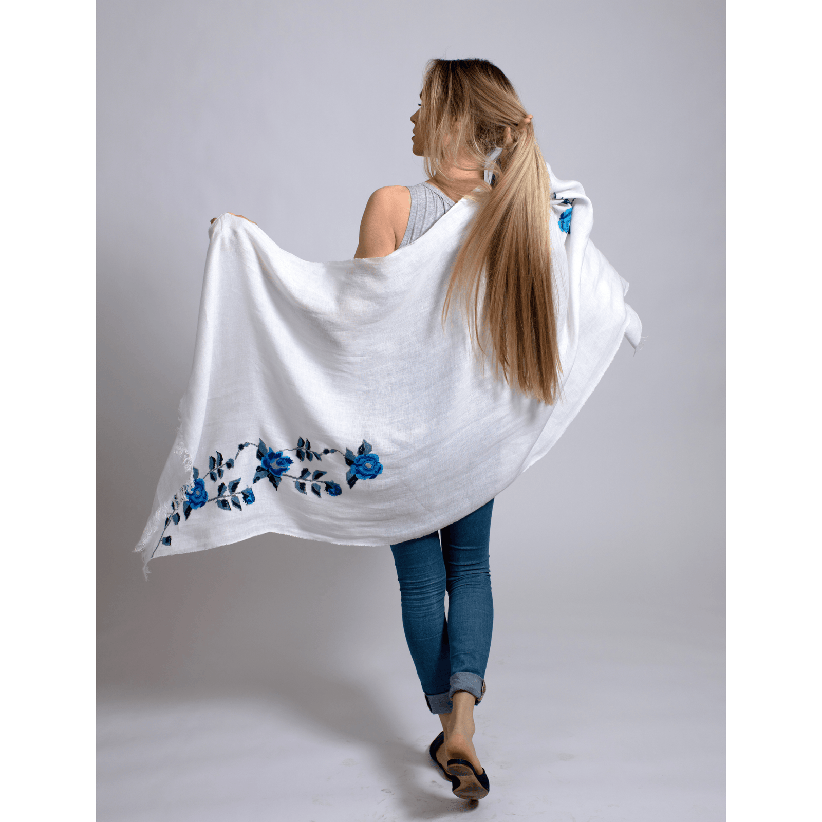 WHITE LINEN SHAWL SEA BLUE HANA ROSE