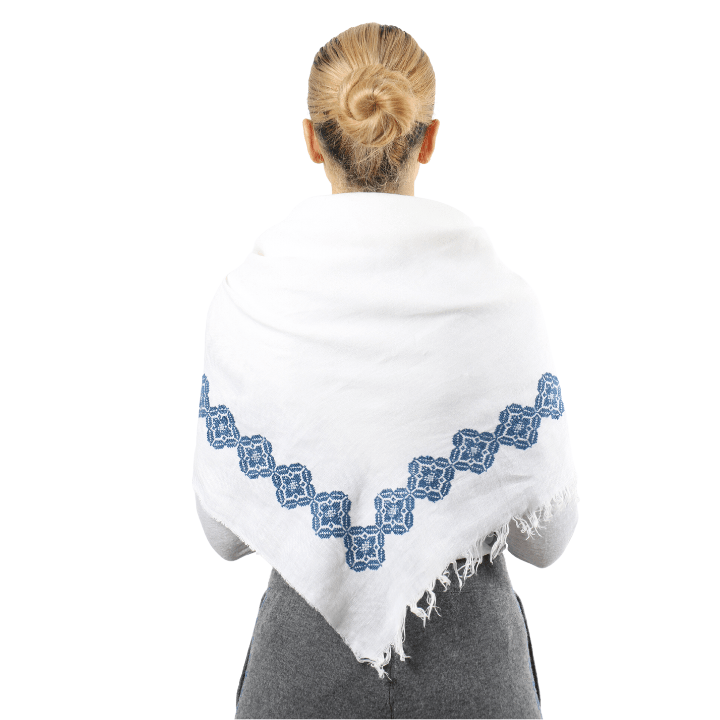 WHITE LINEN SHAWL SQUARE BLUE POPPY