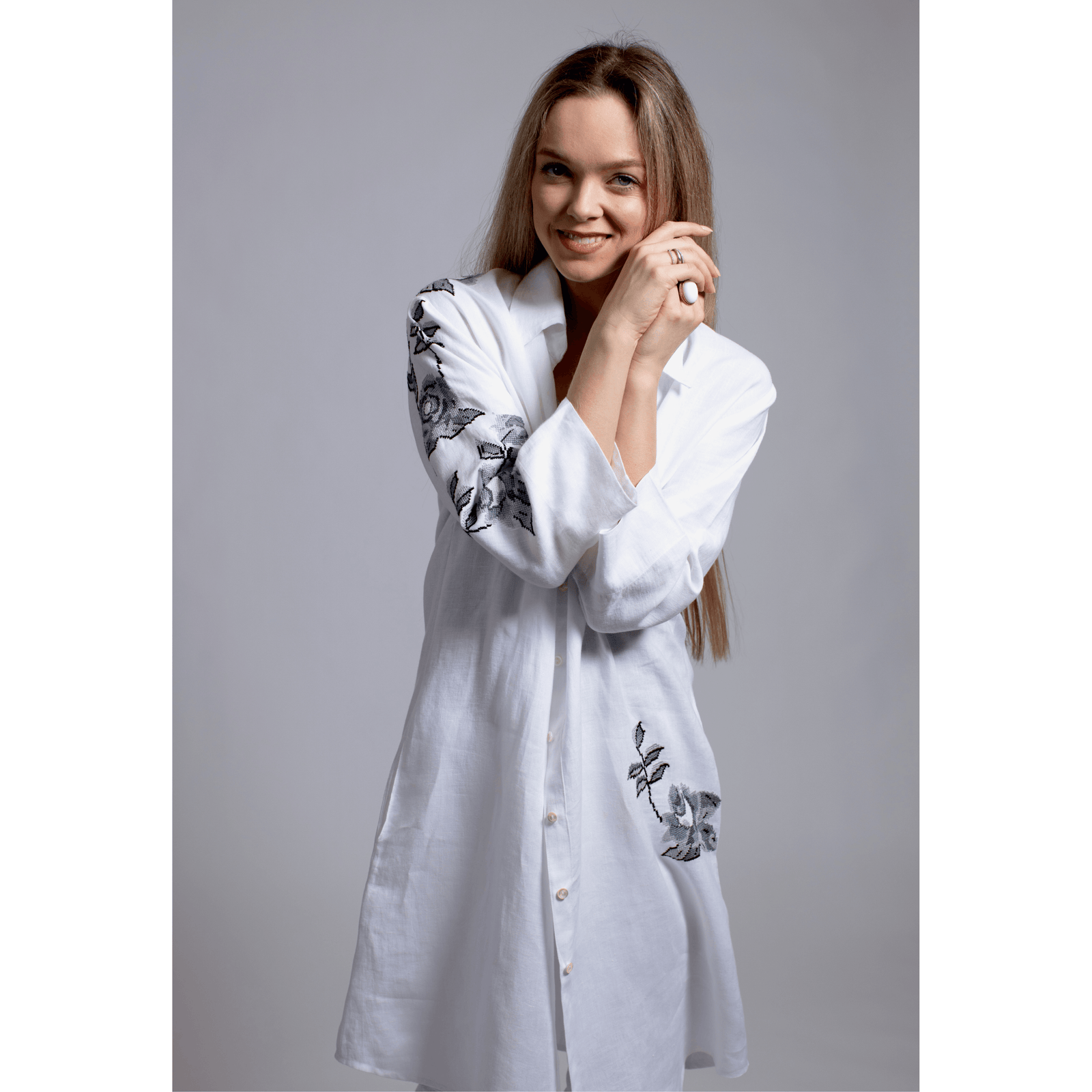 WHITE LINEN SHIRT DRESS STORM GRAY HANA ROSE