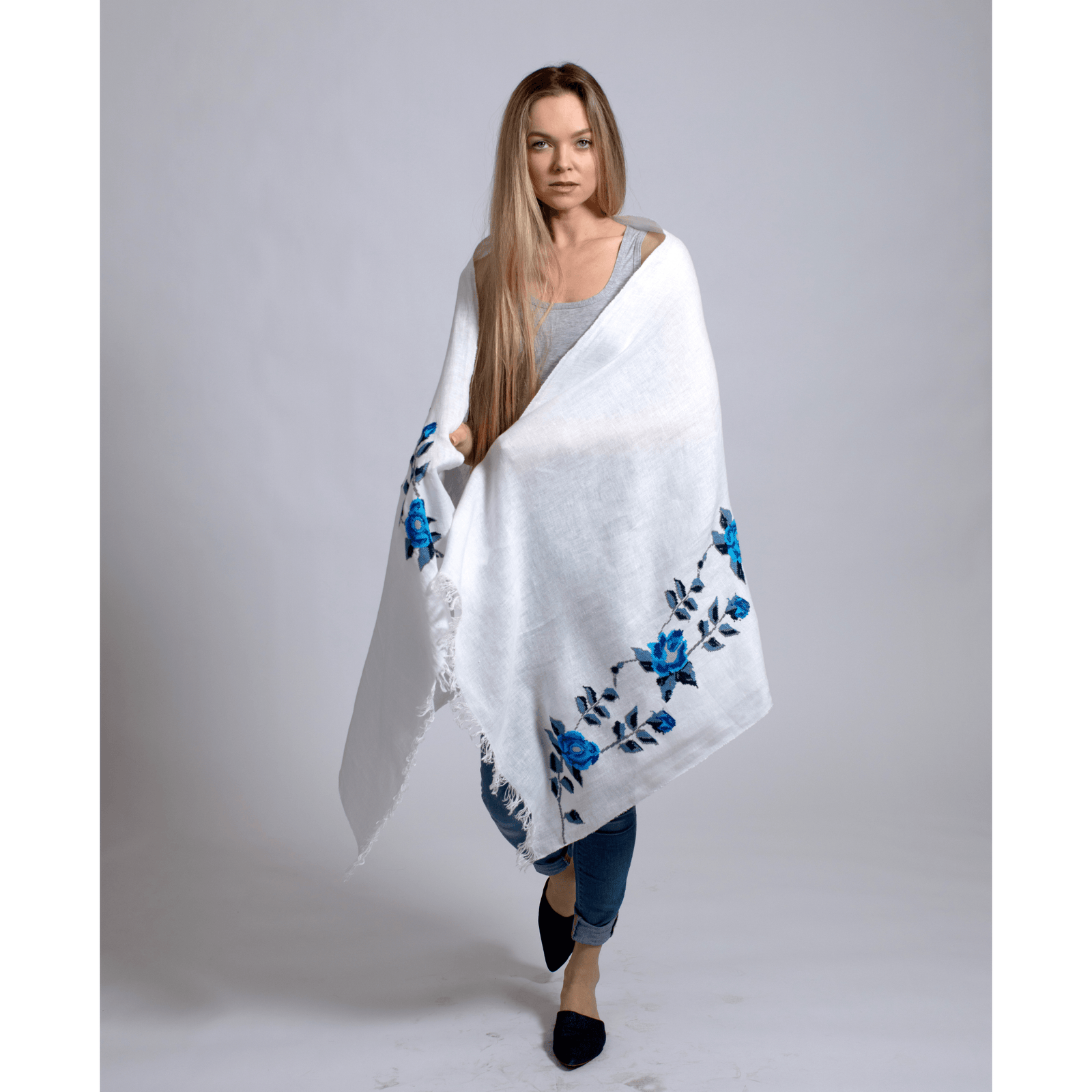 WHITE LINEN SHAWL SEA BLUE HANA ROSE