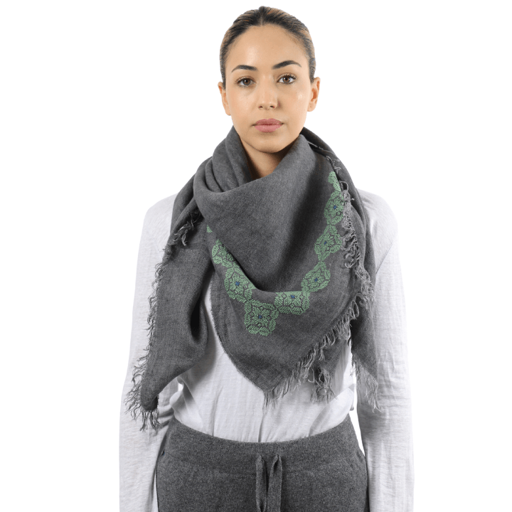 GRAY LINEN SHAWL SQUARE GREEN POPPY