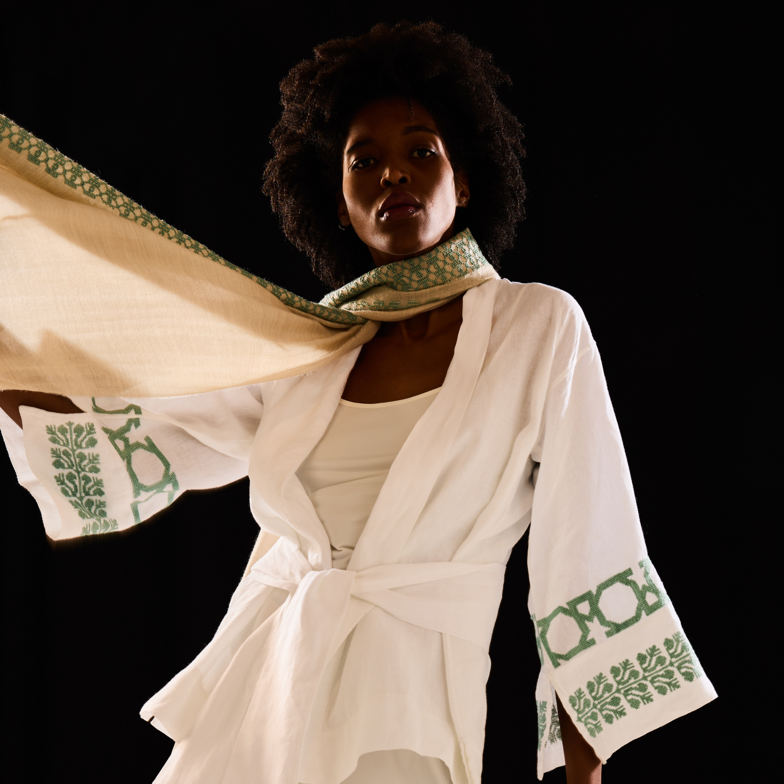 BEIGE CASHMERE & SILK SHAWL AQUA GREEN BEEHIVE