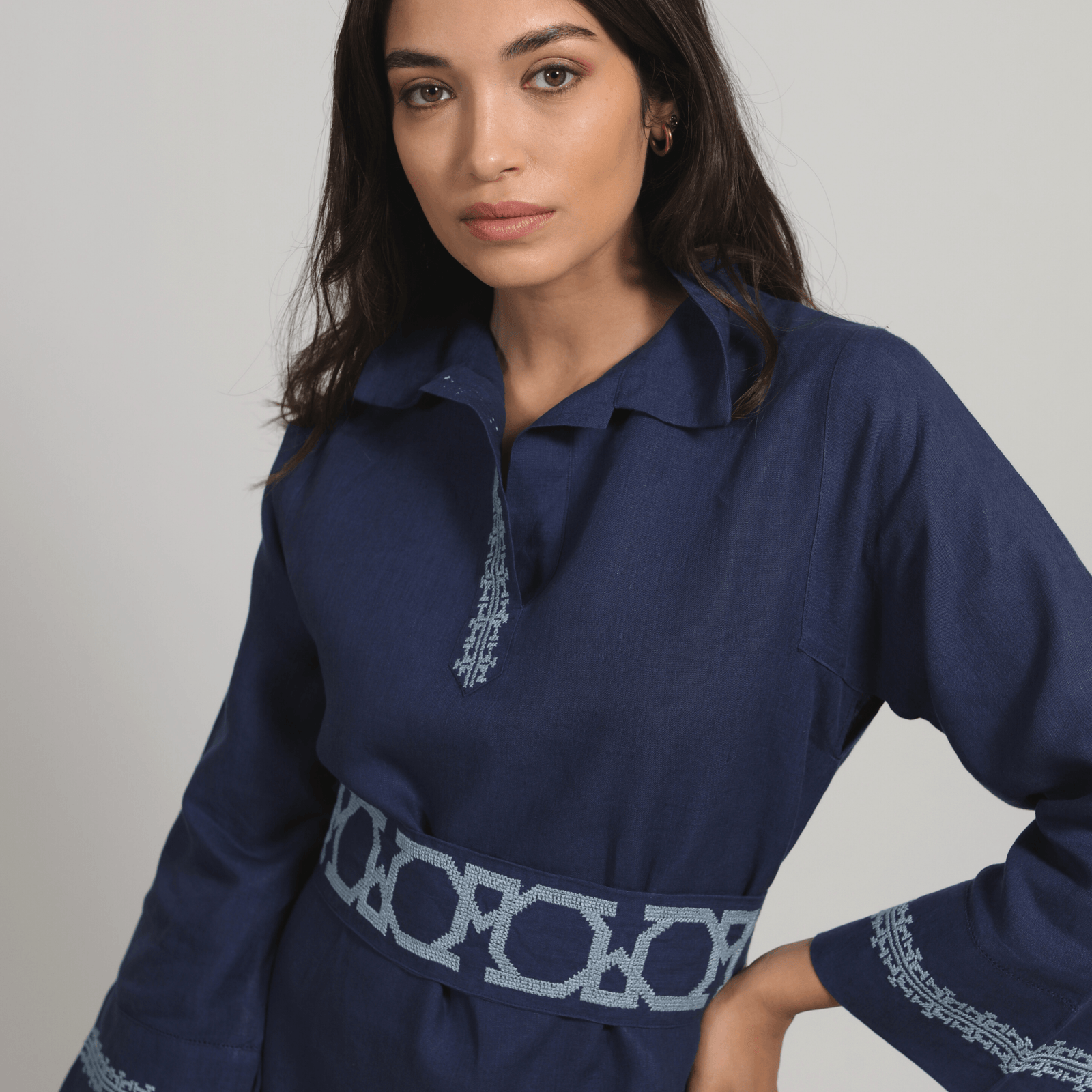 POLO COLLAR | INDIGO BLUE SHORT LINEN DRESS | IBRAHIM