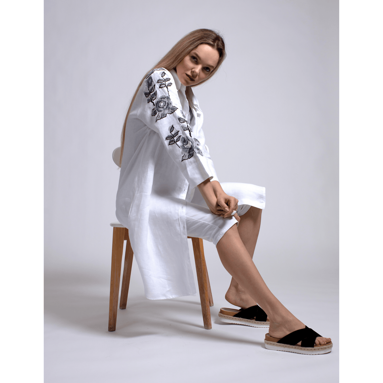 WHITE LINEN SHIRT DRESS STORM GRAY HANA ROSE