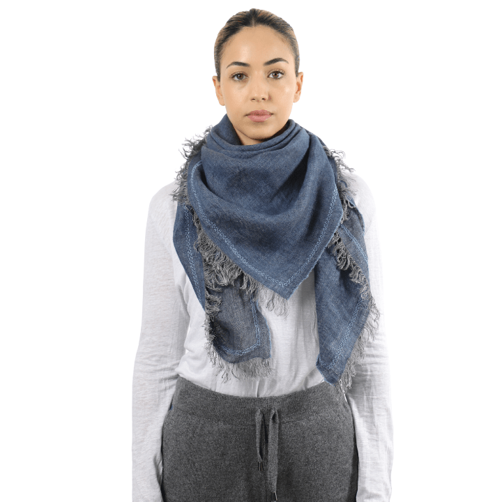 BLUE LINEN SHAWL SQUARE ANTIQUE BLUE WATER