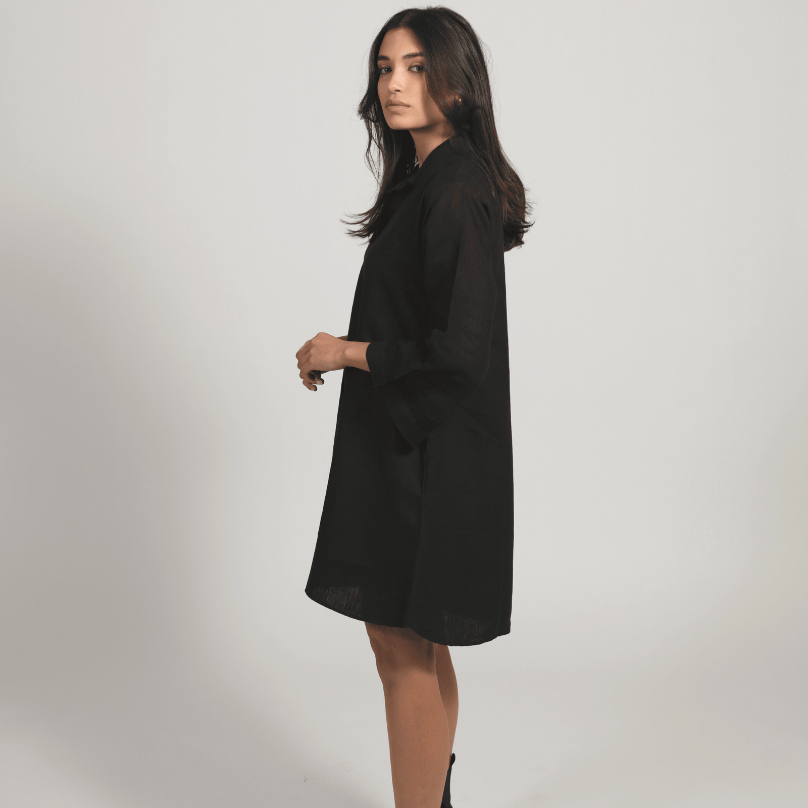 POLO COLLAR | BLACK SHORT LINEN DRESS | IBRAHIM