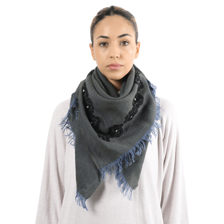 KHAKI LINEN SHAWL SQUARE BLACK POPPY