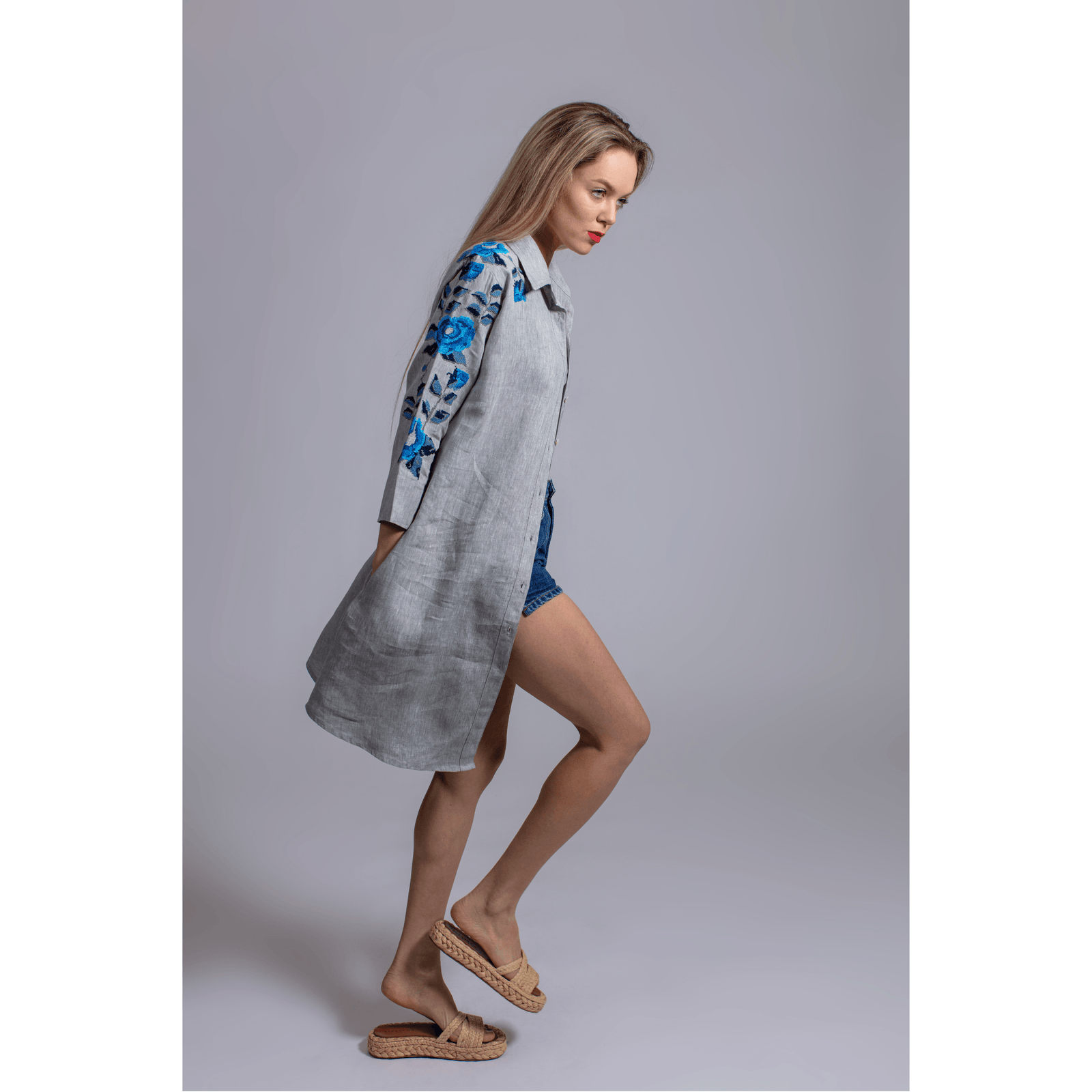 GRAY LINEN SHIRT DRESS SEA BLUE HANA ROSE
