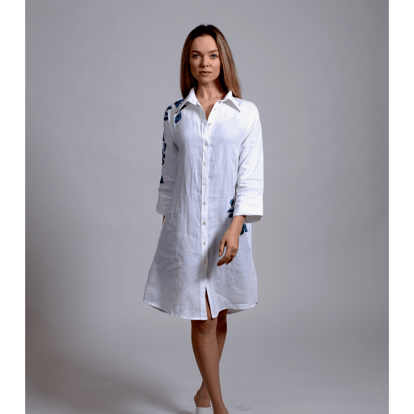 WHITE LINEN SHIRT DRESS STORM GRAY HANA ROSE