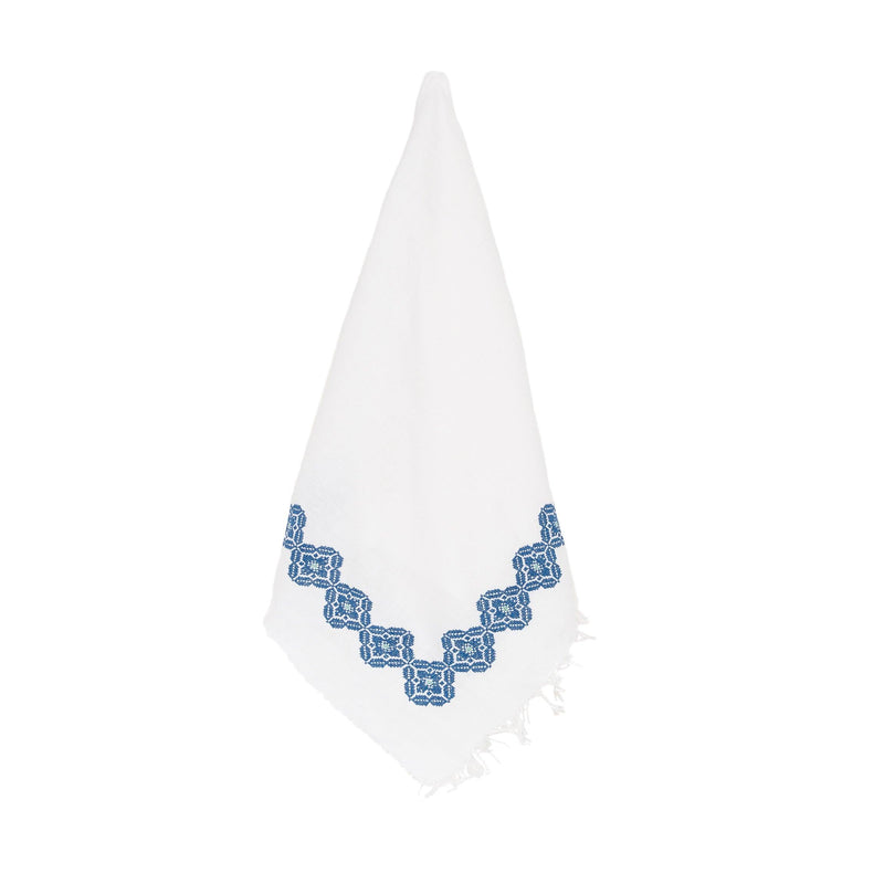 WHITE LINEN SHAWL SQUARE BLUE POPPY