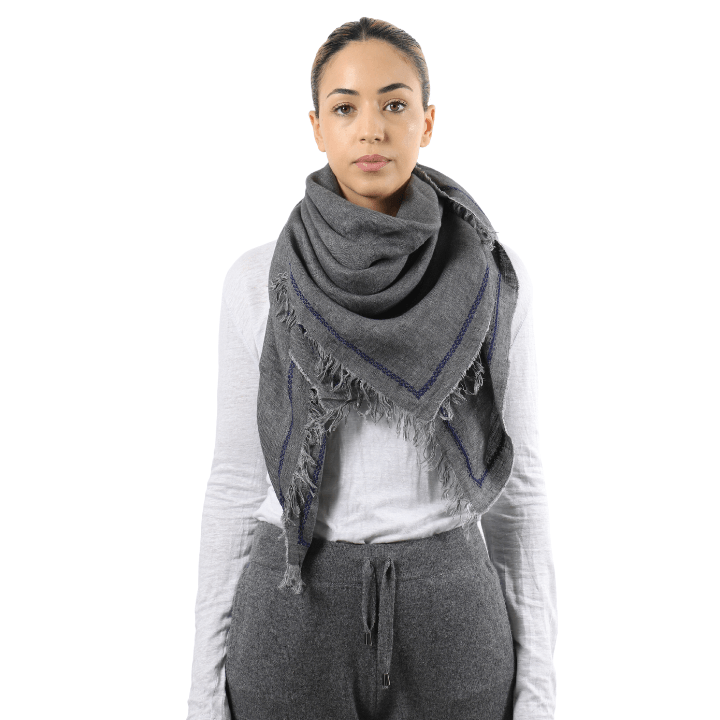 GRAY LINEN SHAWL SQUARE NAVY BLUE WATER