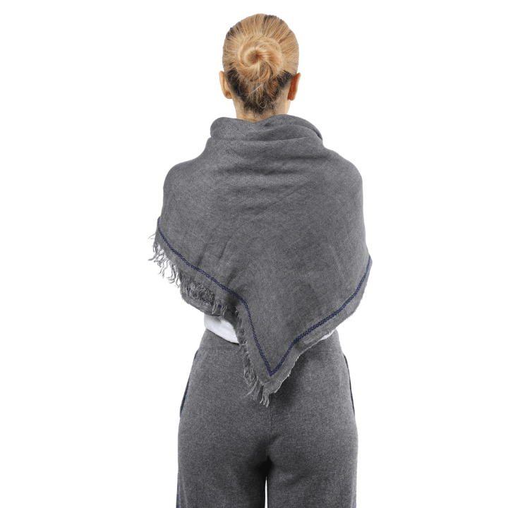 GRAY LINEN SHAWL SQUARE NAVY BLUE WATER