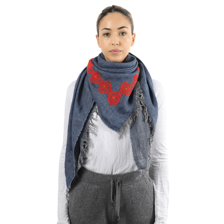 BLUE LINEN SHAWL SQUARE RED POPPY