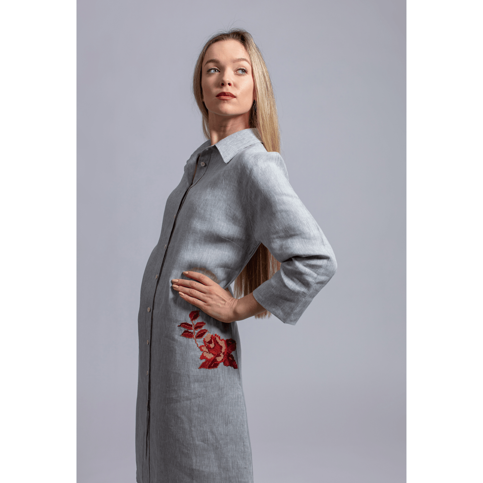 GRAY LINEN SHIRT DRESS BURNT ORANGE HANA ROSE
