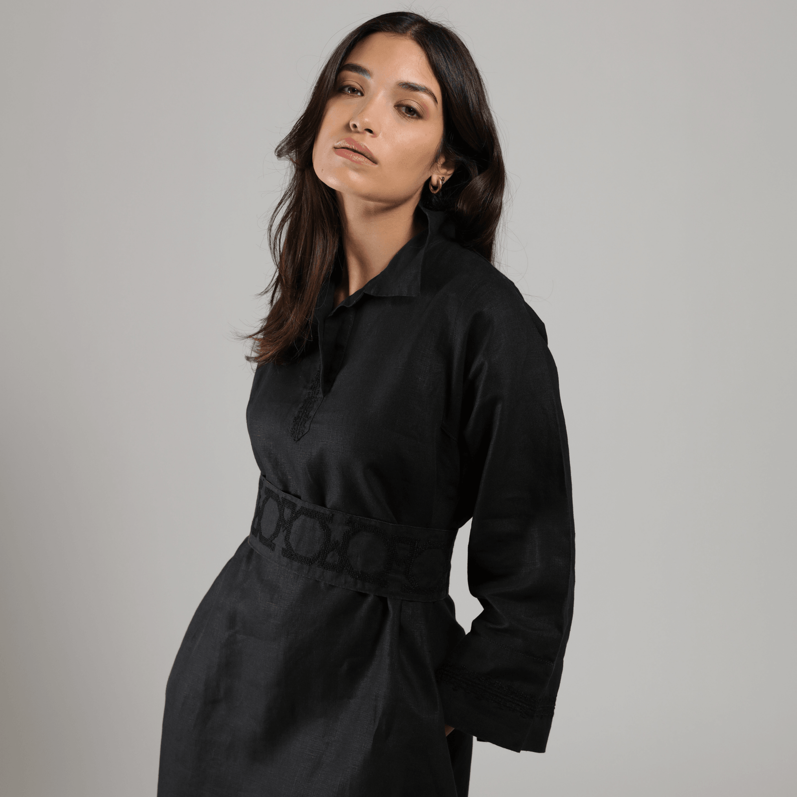 POLO COLLAR | BLACK SHORT LINEN DRESS | IBRAHIM