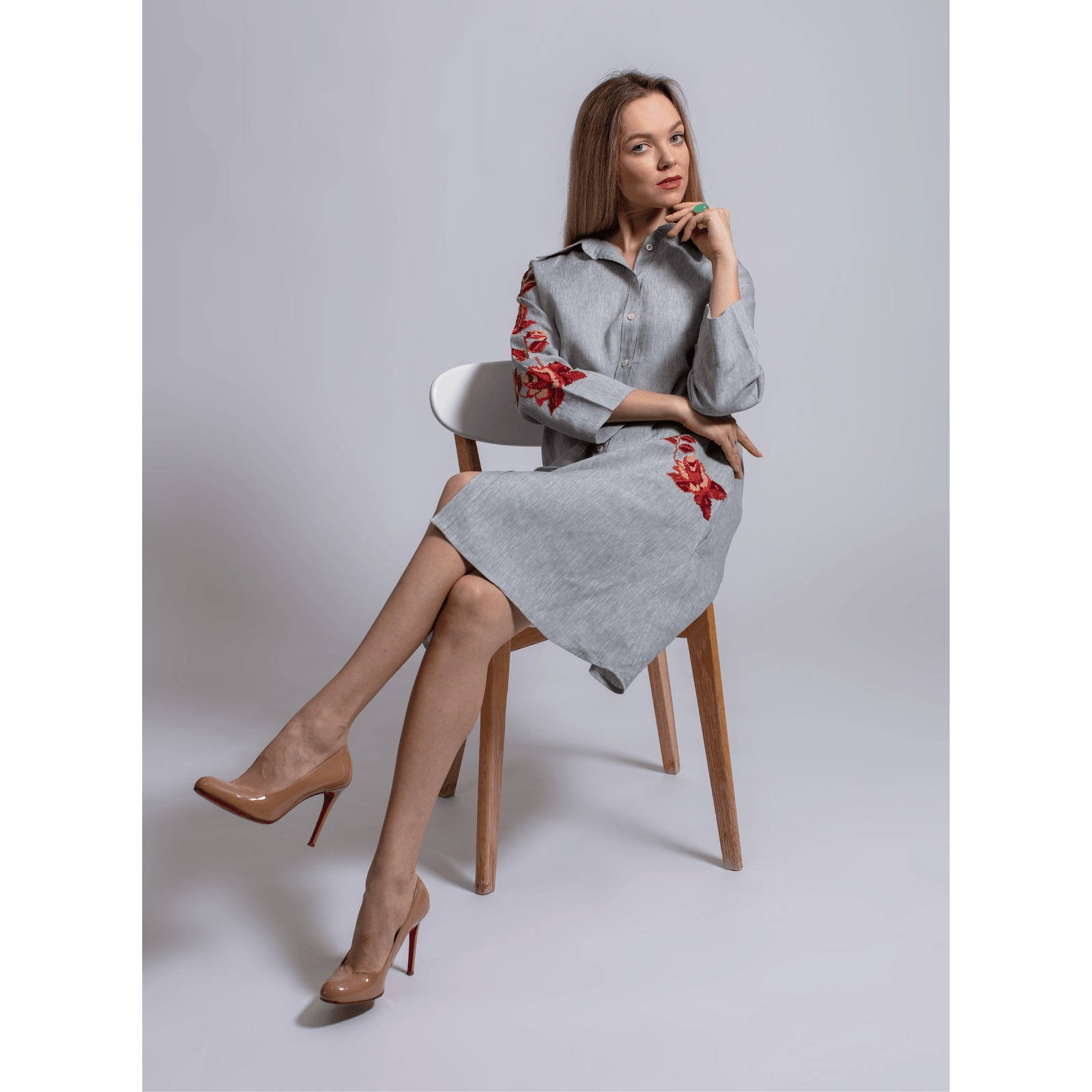 GRAY LINEN SHIRT DRESS BURNT ORANGE HANA ROSE