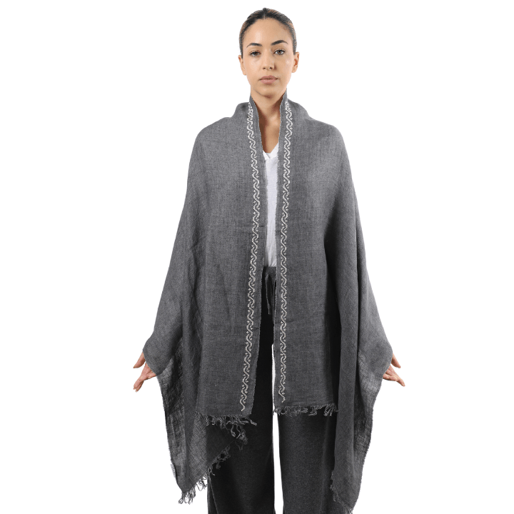 GRAY LINEN SHAWL ECRU WAVES