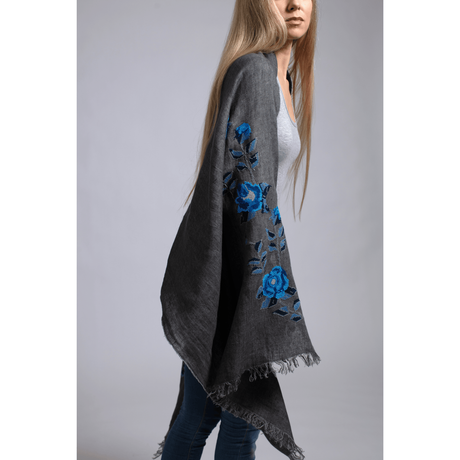 GRAY LINEN SHAWL SEA BLUE HANA ROSE