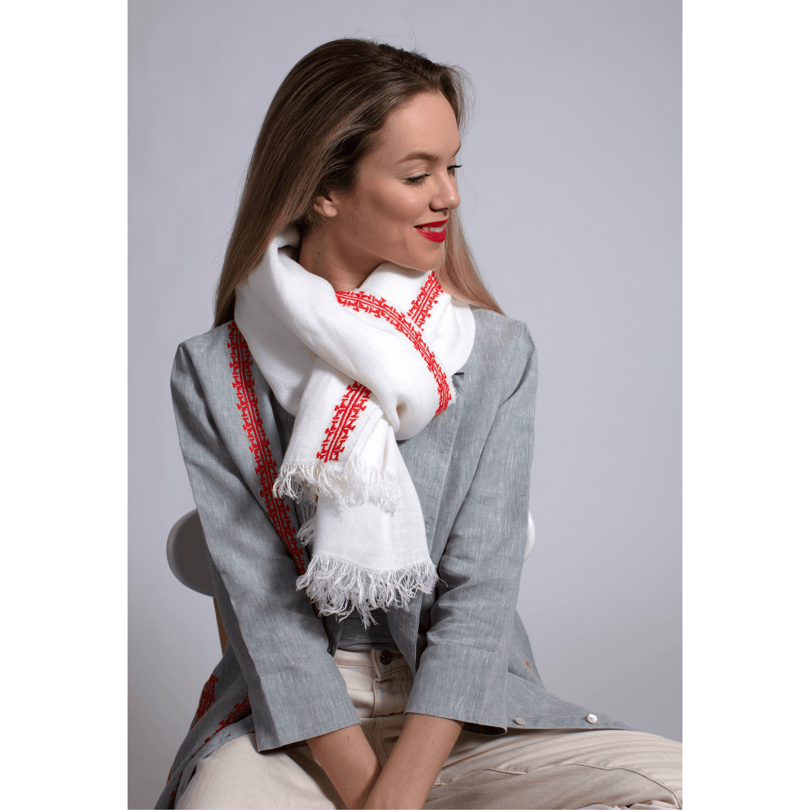 WHITE LINEN SHAWL CAPRI RED IBRAHIM