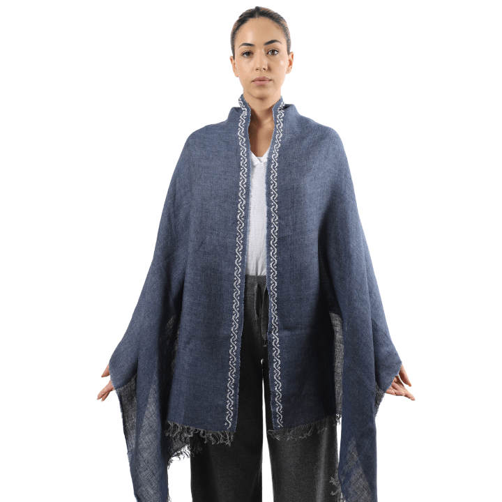 BLUE LINEN SHAWL GRAY WAVES