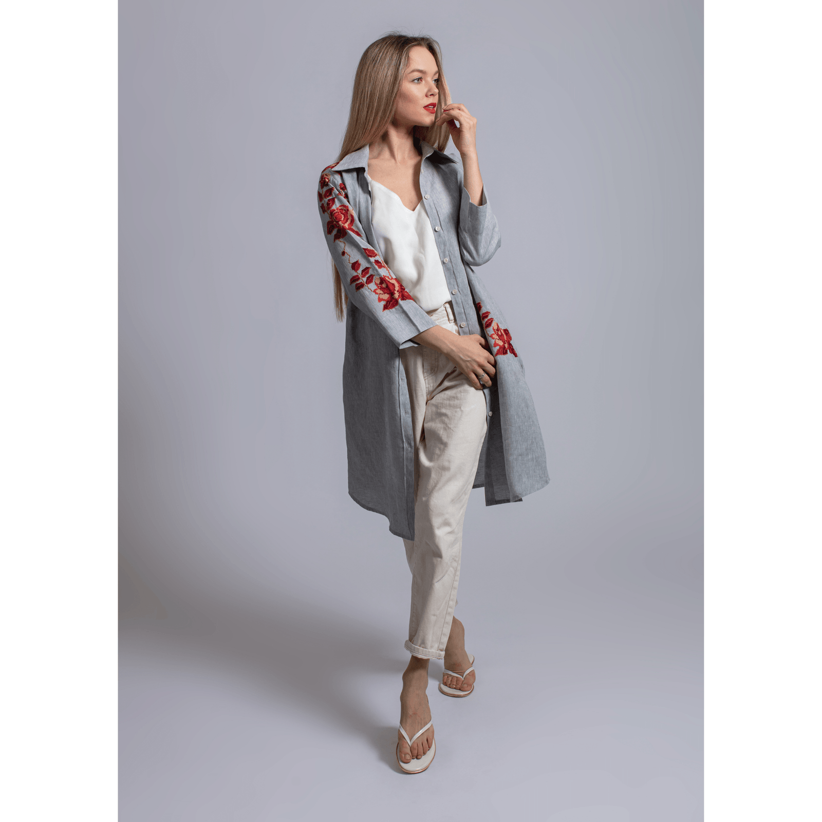 GRAY LINEN SHIRT DRESS BURNT ORANGE HANA ROSE