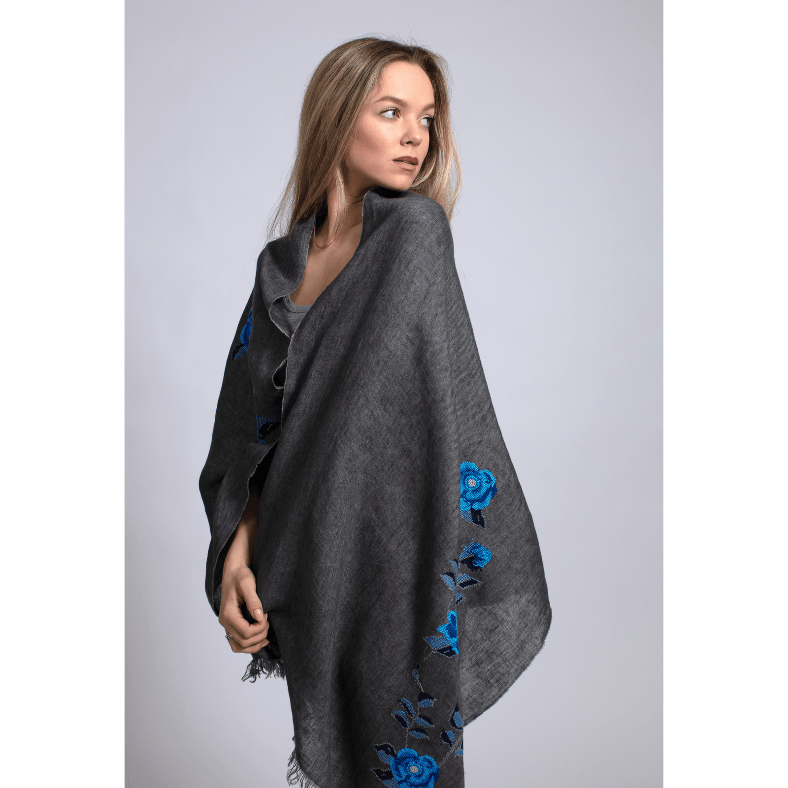 GRAY LINEN SHAWL SEA BLUE HANA ROSE