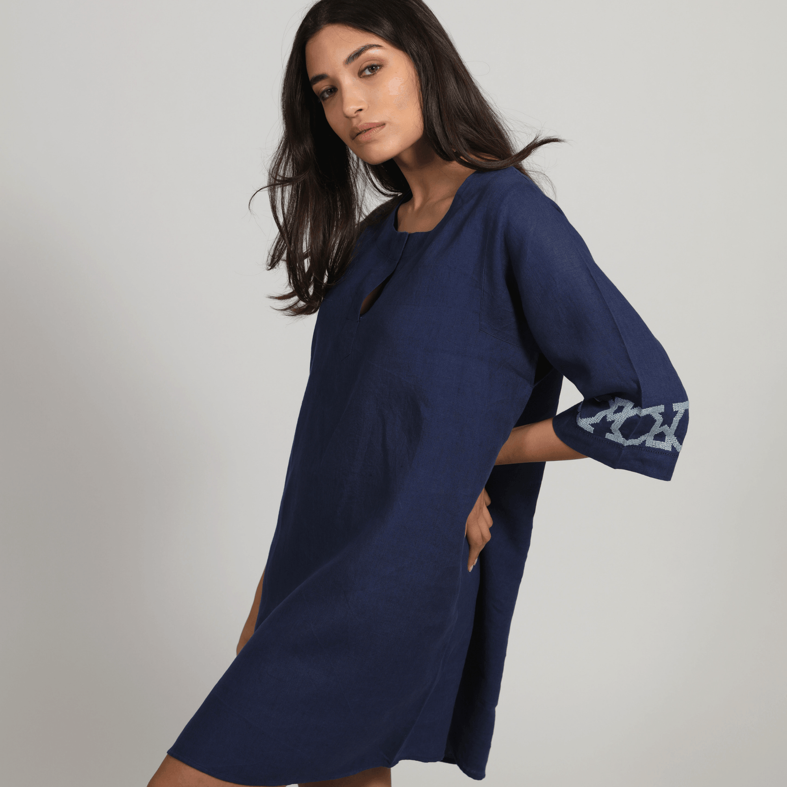 ESMERALDA INDIGO BLUE SHORT LINEN DRESS AL QUDS