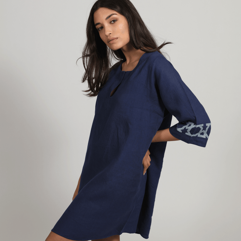 ESMERALDA INDIGO BLUE SHORT LINEN DRESS AL QUDS