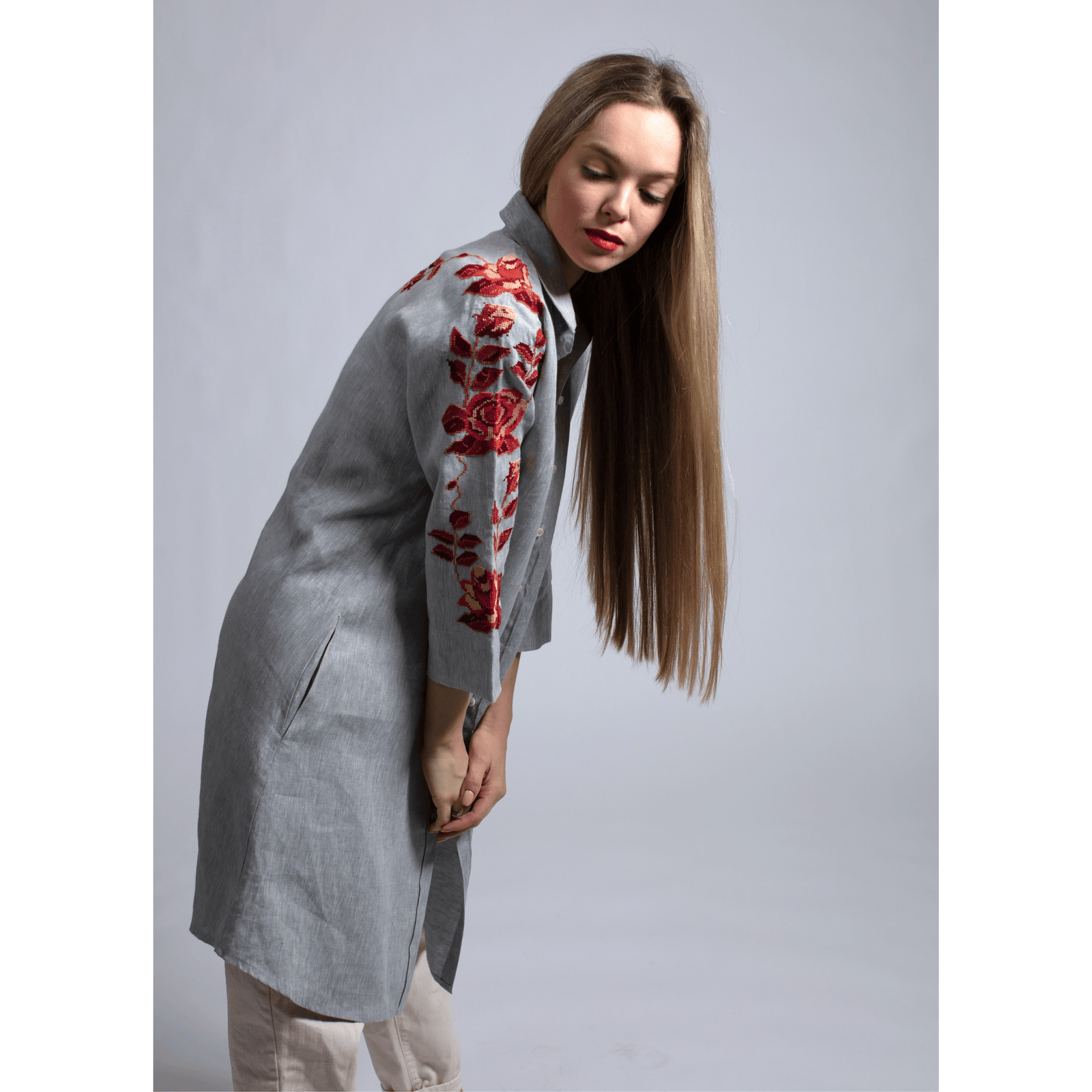 GRAY LINEN SHIRT DRESS BURNT ORANGE HANA ROSE