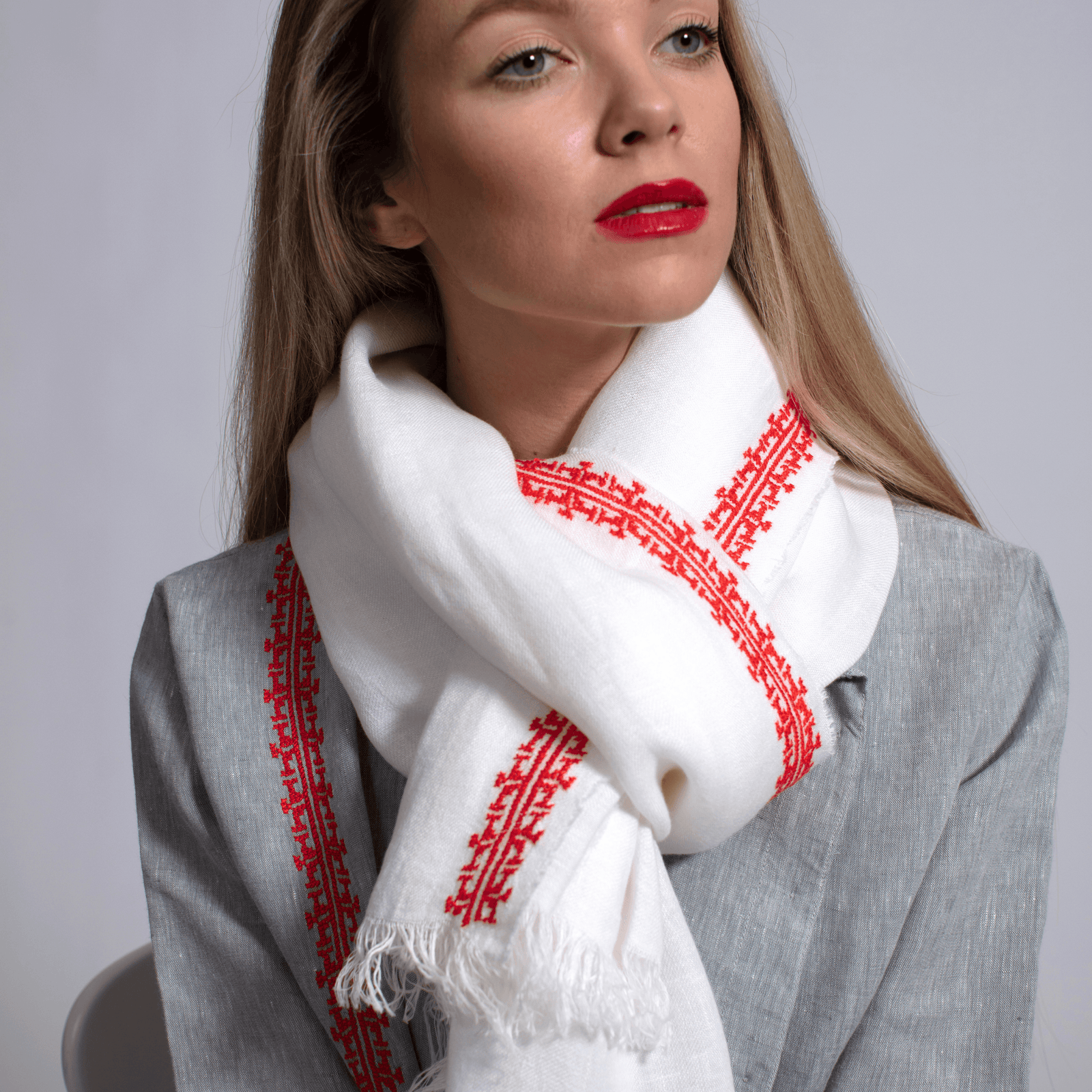 WHITE LINEN SHAWL CAPRI RED IBRAHIM
