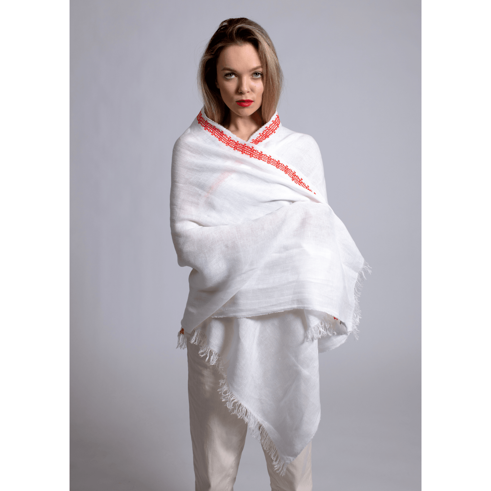 WHITE LINEN SHAWL CAPRI RED IBRAHIM