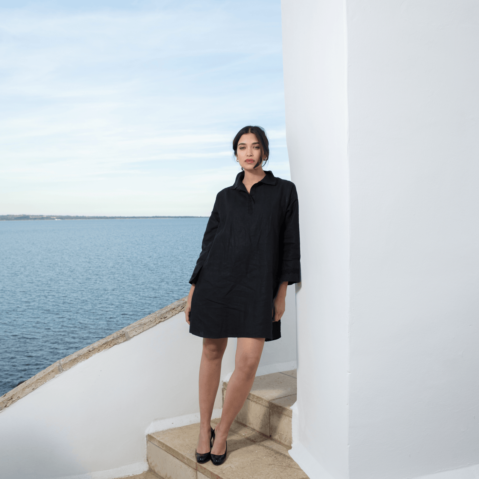 POLO COLLAR | BLACK SHORT LINEN DRESS | IBRAHIM