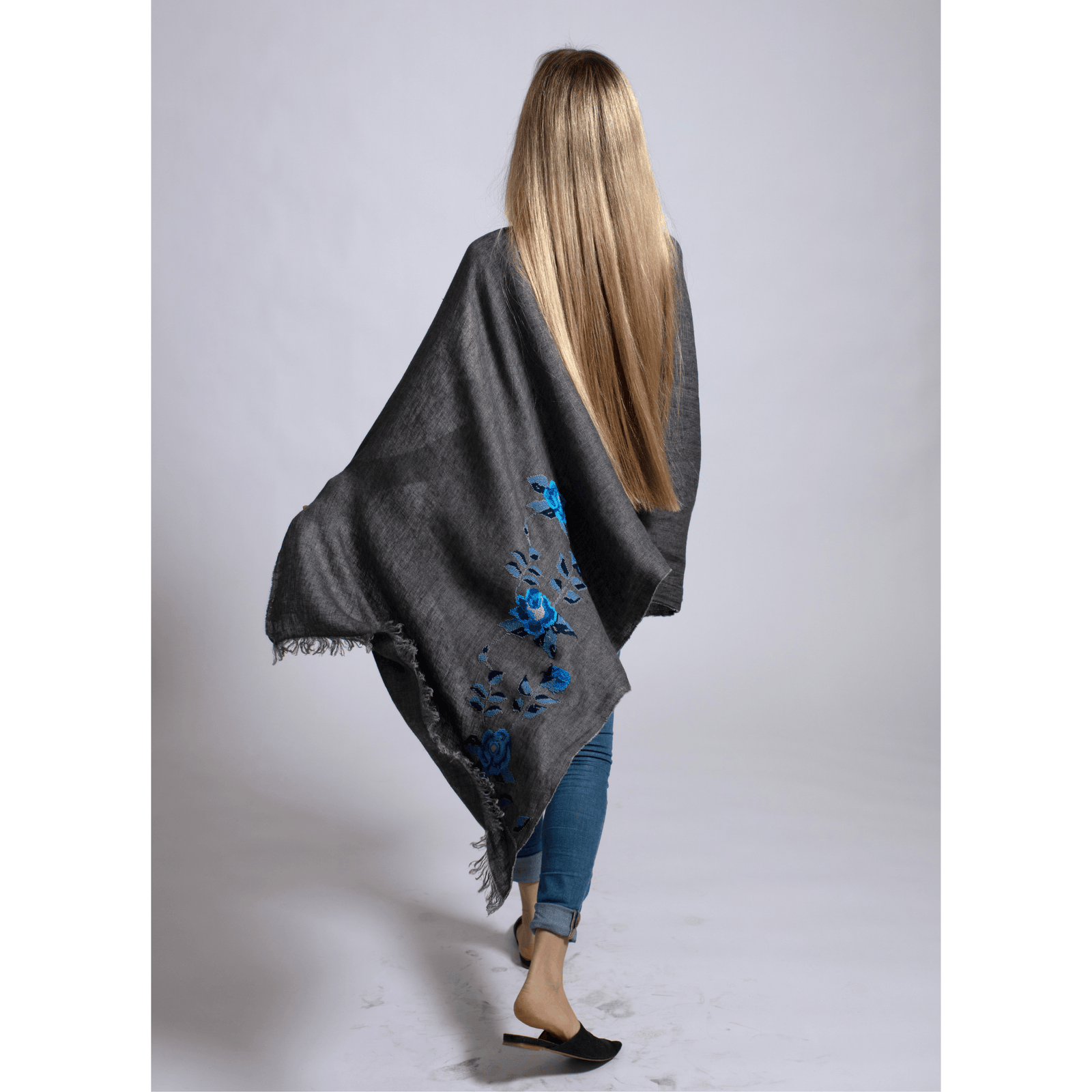 GRAY LINEN SHAWL SEA BLUE HANA ROSE