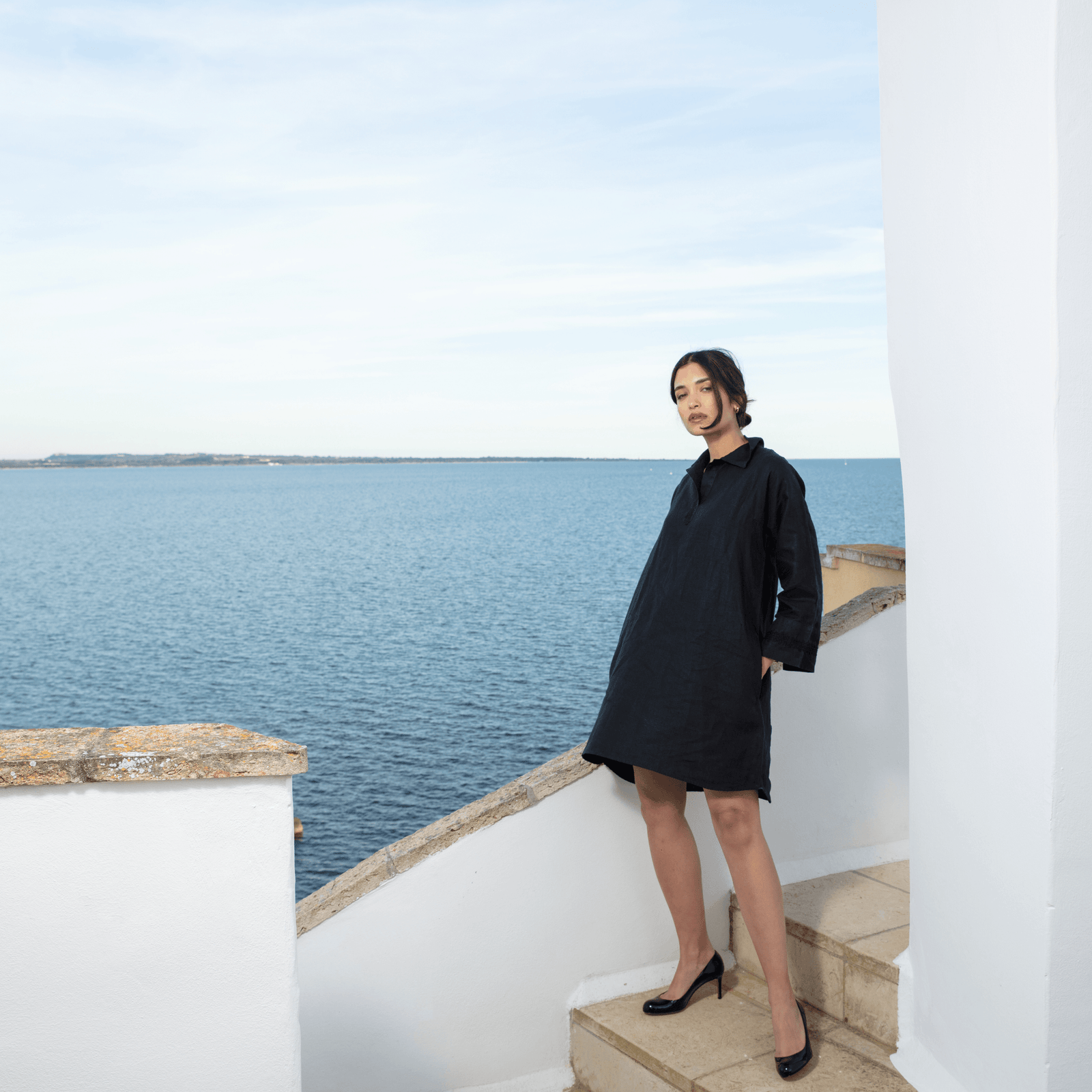 POLO COLLAR | BLACK SHORT LINEN DRESS | IBRAHIM