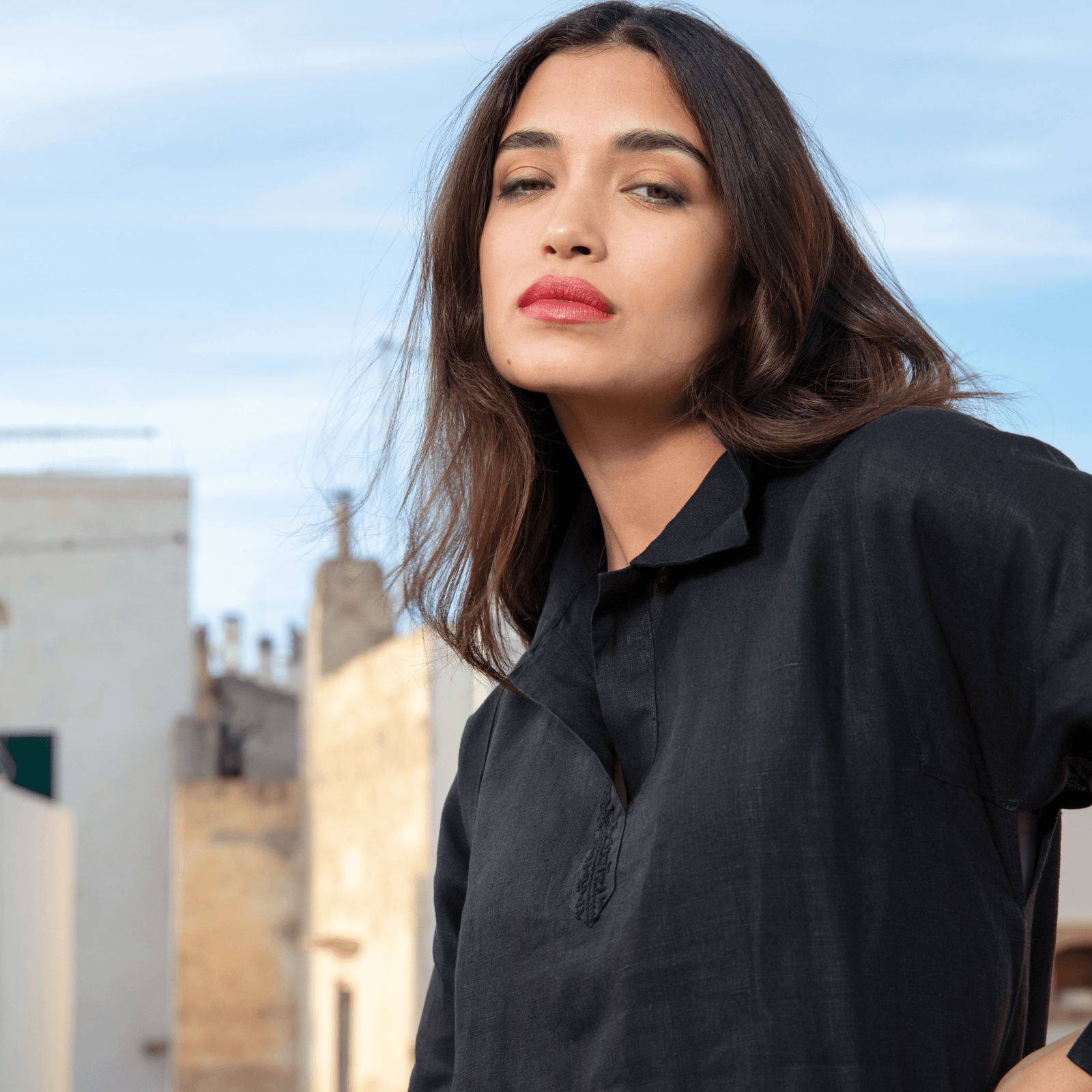 POLO COLLAR | BLACK SHORT LINEN DRESS | IBRAHIM