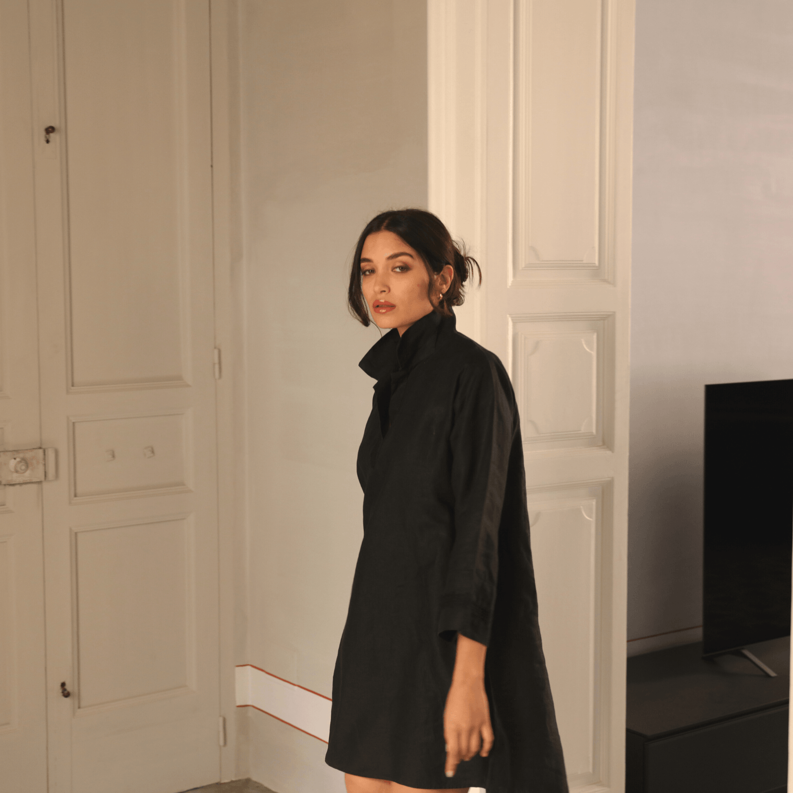 POLO COLLAR | BLACK SHORT LINEN DRESS | IBRAHIM