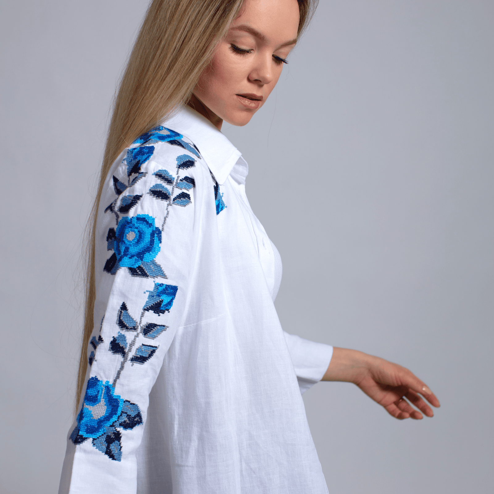 WHITE LINEN SHIRT DRESS SEA BLUE HANA ROSE