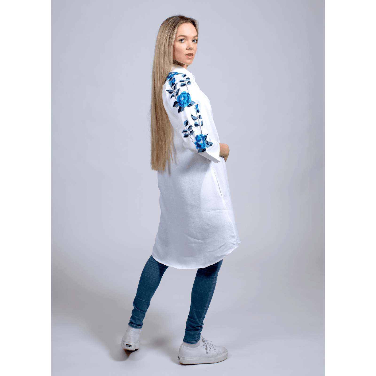 WHITE LINEN SHIRT DRESS SEA BLUE HANA ROSE