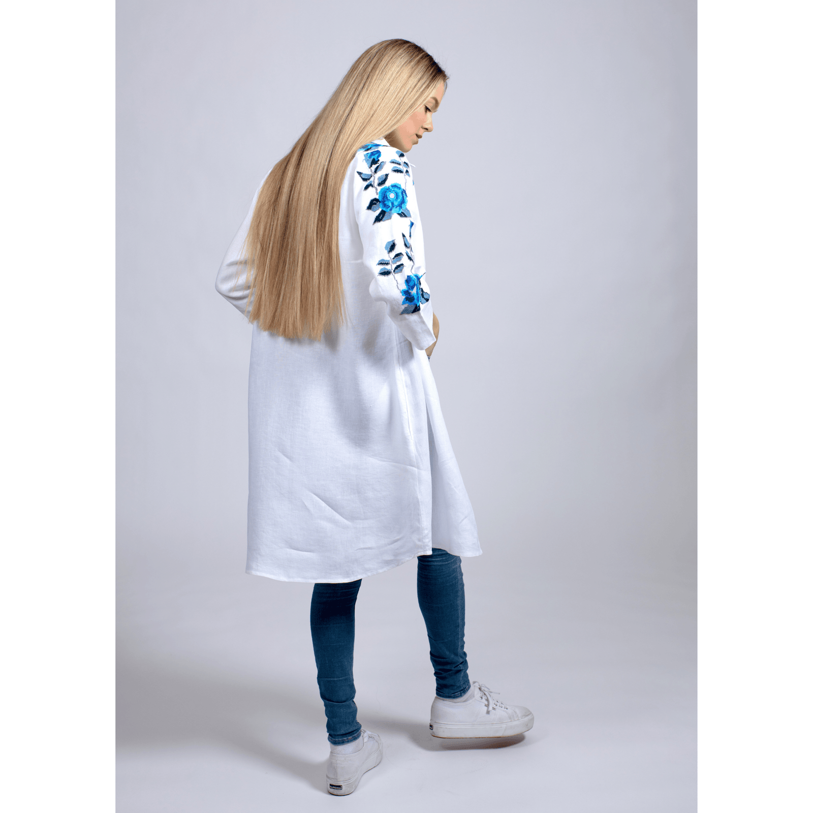 WHITE LINEN SHIRT DRESS SEA BLUE HANA ROSE