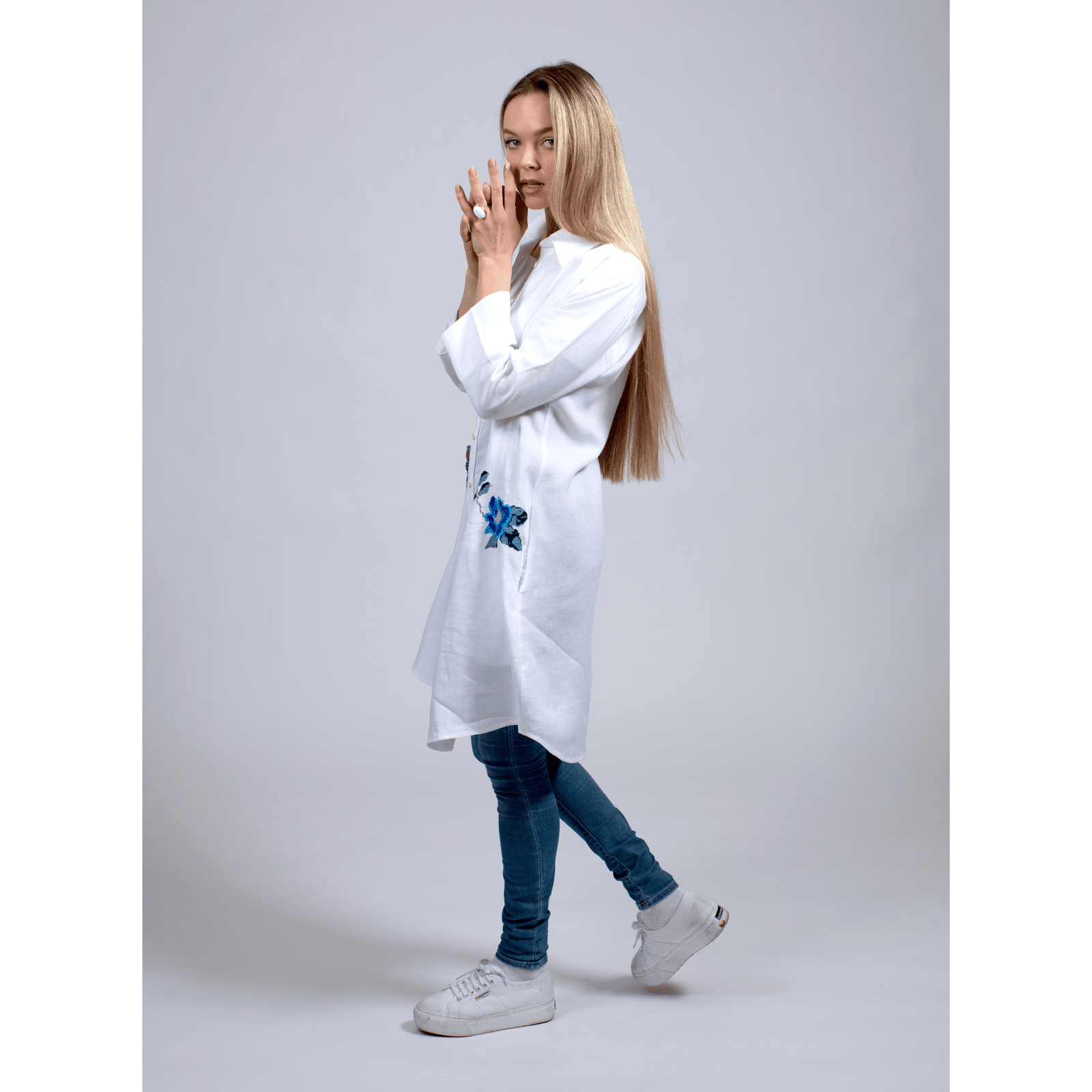 WHITE LINEN SHIRT DRESS SEA BLUE HANA ROSE