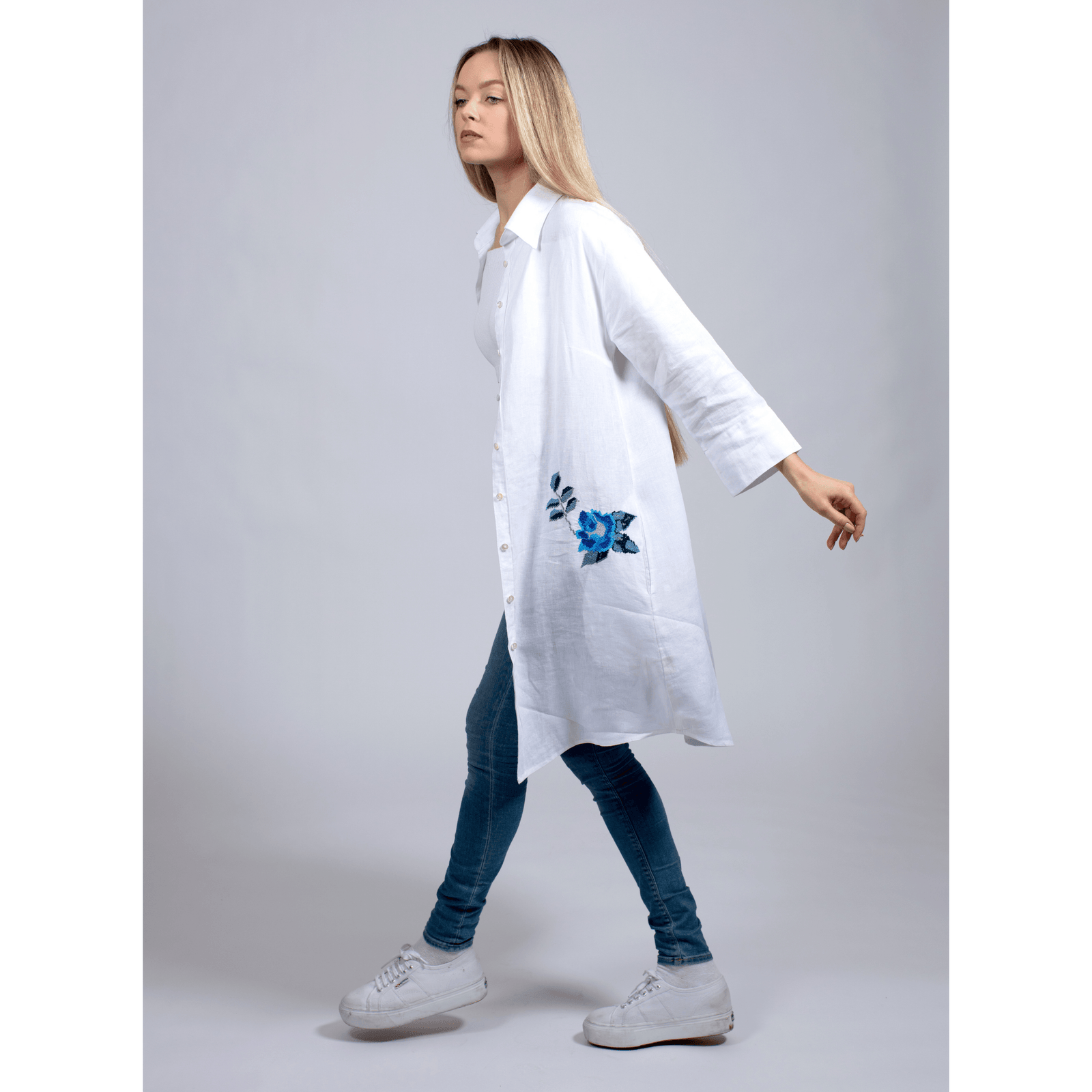 WHITE LINEN SHIRT DRESS SEA BLUE HANA ROSE